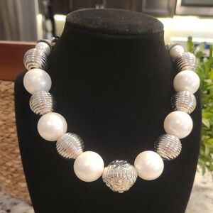 Silver and White Beaded Necklace
